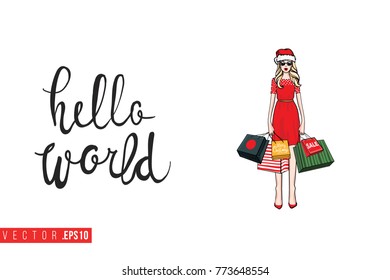 Xmas greeting card with shopper girl in red Santa Claus hat hat and text: hello world. Cute composition for Merry Christmas and New Year celebration. Isolated vector art on white background.