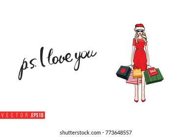 Xmas greeting card with shopper girl in red Santa Claus hat hat and text: ps i love you. Cute composition for Merry Christmas and New Year celebration. Isolated vector art on white background.