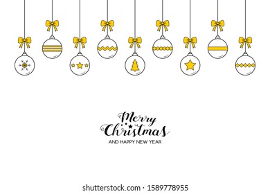 Xmas greeting card with simple baubles and wishes. Christmas ornaments concept. Vector