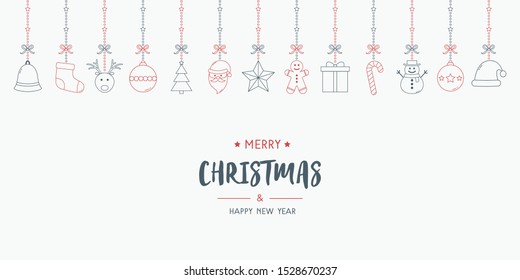 Xmas greeting card with simple decorations and wishes. Christmas ornaments concept. Vector