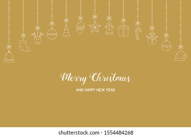 Xmas greeting card with simple decorations and wishes. Christmas ornaments concept. Vector