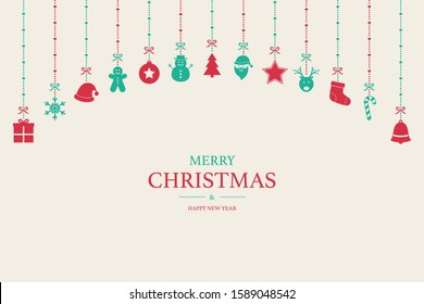 Xmas greeting card with simple decorations and wishes. Christmas ornaments concept. Vector