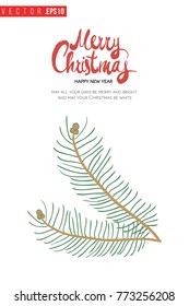 Xmas greeting card with small fir twig and text: merry christmas. Cute composition for Merry Christmas and New Year celebration. Isolated vector art on white background.