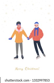 Xmas greeting card with smiling lgbt gay couple holding hands. Men dressed in winter clothes and skates.Vector illustration with golden snowflakes and text "Merry Christmas"