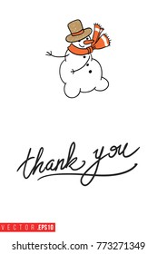 Xmas greeting card with snowman and text: thank you. Cute composition for Merry Christmas and New Year celebration. Isolated vector art on white background.