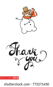 Xmas greeting card with snowman and text: thank you. Cute composition for Merry Christmas and New Year celebration. Isolated vector art on white background.