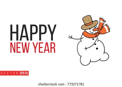 Xmas greeting card with snowman and text: happy new year. Cute composition for Merry Christmas and New Year celebration. Isolated vector art on white background.