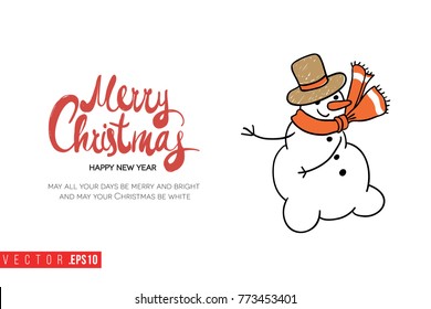 Xmas greeting card with snowman and text: merry christmas. Cute composition for Merry Christmas and New Year celebration. Isolated vector art on white background.