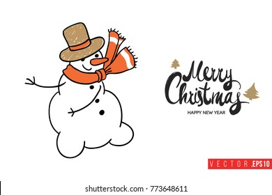 Xmas greeting card with snowman and text: merry christmas. Cute composition for Merry Christmas and New Year celebration. Isolated vector art on white background.