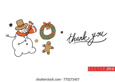 Xmas greeting card with snowman with wreath and gingerbread and text: thank you. Cute composition for Merry Christmas and New Year celebration. Isolated vector art on white background.