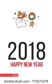 Xmas greeting card with snowman with wreath and gingerbread and text: happy new 2017 year. Cute composition for Merry Christmas and New Year celebration. Isolated vector art on white background.