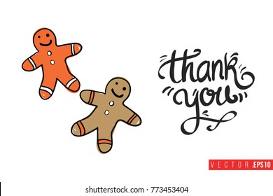 Xmas greeting card with sweet gingerbread men and text: thank you. Cute composition for Merry Christmas and New Year celebration. Isolated vector art on white background.