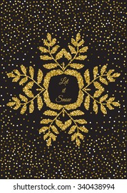 Xmas greeting card template. Abstract  golden confetti background.