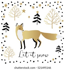 Xmas greeting card template Let it snow on the white background. Print with cute running fox in the forest with stars and snow. Vector illustration with wild animal. White, gold, black.
