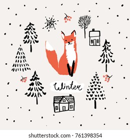 Xmas greeting card template Winter. Print with cute red fox in the fir trees with snow. Vector illustration with animal.