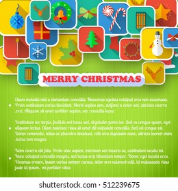 X-mas greeting card with text and set of holiday icons on green textured background vector illustration