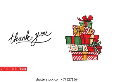 Xmas greeting card with tower of gifts boxes and text: thank you. Cute composition for Merry Christmas and New Year celebration. Isolated vector art on white background.