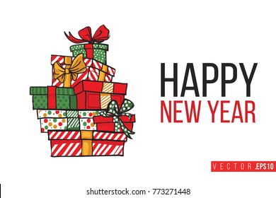 Xmas greeting card with tower of gifts boxes and text: happy new year. Cute composition for Merry Christmas and New Year celebration. Isolated vector art on white background.