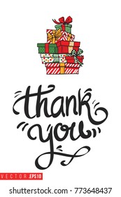 Xmas greeting card with tower of gifts boxes and text: thank you. Cute composition for Merry Christmas and New Year celebration. Isolated vector art on white background.