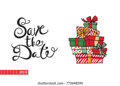 Xmas greeting card with tower of gifts boxes and text: save the date. Cute composition for Merry Christmas and New Year celebration. Isolated vector art on white background.
