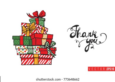 Xmas greeting card with tower of gifts boxes and text: thank you. Cute composition for Merry Christmas and New Year celebration. Isolated vector art on white background.