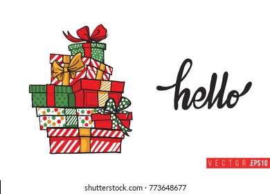 Xmas greeting card with tower of gifts boxes and text: hello. Cute composition for Merry Christmas and New Year celebration. Isolated vector art on white background.