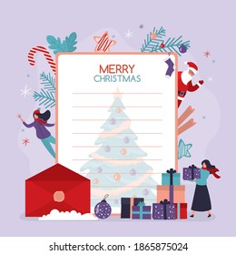 Xmas greeting card with traditional tree silhouette. Merry christmas gift card. New year congratulation letter template. Santa Claus and happy people celebrate winter holidays. Vector illustration