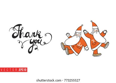 Xmas greeting card with two dancing Santa Clauses and text: thank you. Cute composition for Merry Christmas and New Year celebration. Isolated vector art on white background.