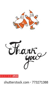 Xmas greeting card with two dancing Santa Clauses and text: thank you. Cute composition for Merry Christmas and New Year celebration. Isolated vector art on white background.