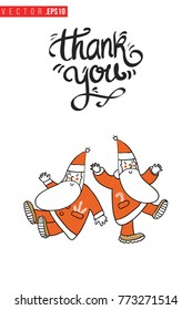 Xmas greeting card with two dancing Santa Clauses and text: thank you. Cute composition for Merry Christmas and New Year celebration. Isolated vector art on white background.