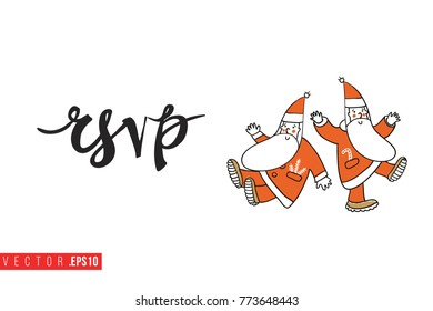 Xmas greeting card with two dancing Santa Clauses and text: rsvp. Cute composition for Merry Christmas and New Year celebration. Isolated vector art on white background.