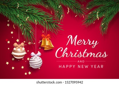 Xmas greeting card vector template. Merry christmas and happy new year postcard, holiday banner concept. Festive decorations hanging on fir tree branches realistic illustration with typography
