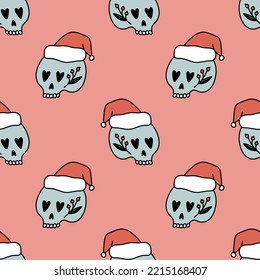 Xmas groovy Santa head skull skeleton comic funny seamless pattern background. Doodle boho Christmas and New Year cartoon doodle characters, decor wrapping paper. Vector clipart illustration.