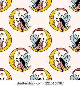 Xmas groovy Santa Moon and fairy girl, fantasy comic funny seamless pattern background. Doodle boho Christmas and New Year cartoon doodle characters, decor wrapping paper. Vector clipart illustration.