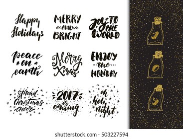 Xmas hand drawn calligraphy and brush pen lettering set. Isolated. Christmas greeting card with golden glitter design elements on the abstract confetti background.