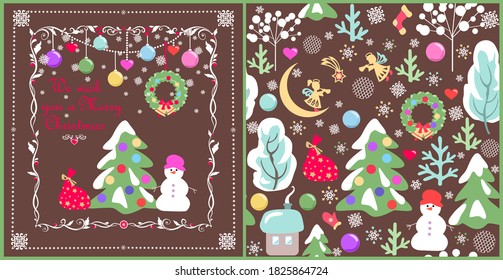 Xmas handmade childish greeting card and wallpaper with little angels, gift, snowman, Christmas tree and hanging garland with baubles on chocolate color background