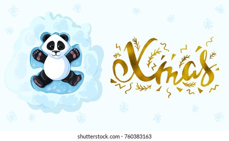 Xmas Handwritten elegant modern brushes inscription gold Panda is lying playing snow angels. Design element for banner, card, invitation, postcard, template, vignette etc. Vector