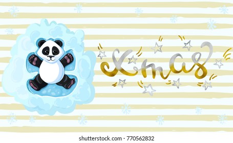 Xmas Handwritten elegant modern brushes inscription gold Panda is lying in the snow playing snow angels. Design element for banner, card, invitation, postcard, template, vignette etc. Vector