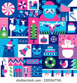 Xmas and happy new year celebration. Christmas holiday prints in squares. Santa Claus and reindeer, snowman and tree, bear and owl, lollipop and snowflake blizzard, bells. Vector in flat style