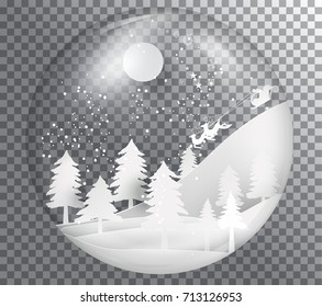 Navidad y feliz bola de vidrio de año nuevo sobre fondo transparente, paisaje de arte de papel con diseño de árbol y casa. ilustración vectorial