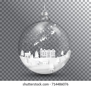 Xmas and happy new year glass ball on transparent background, paper art landscape with tree and house design. vector illustration