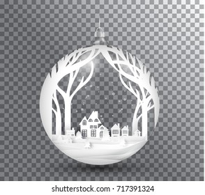 Xmas and happy new year glass ball on transparent background, paper art landscape with tree and house design. vector illustration