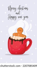 x-mas happy new year Merry Christmas 2023! post card gingerbread in the red coffee cup. present, hot drinks