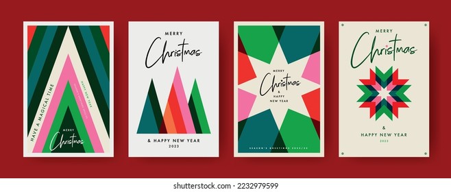 Xmas and happy new year minimal colorful design set with Christmas trees, mountains, stars and snowflakes. Christmas cards, posters, 2023 greetings, holiday covers or banners.