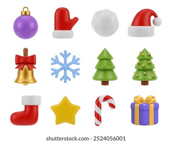 Xmas holiday decoration and accessories. Vector isolated set of santa claus sock for present, mittens and hat. Bauble for tree, pine and candy stick, bell with ribbon, snowflake and present