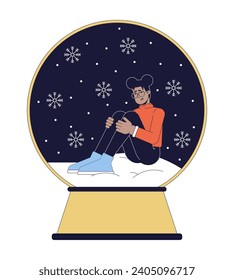 Xmas holiday depression 2D linear illustration concept. Tired african american woman cartoon character isolated on white. SAD Christmas stress snow globe metaphor abstract flat vector outline graphic