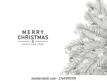 Xmas holiday. Gray pine branch and silver balls isolated on white background. Vector illustration.