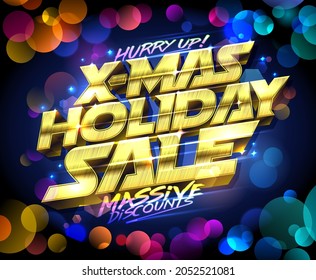 x-mas holiday sale, massive discounts - christmas holidays sale vector web banner template with golden 3D lettering