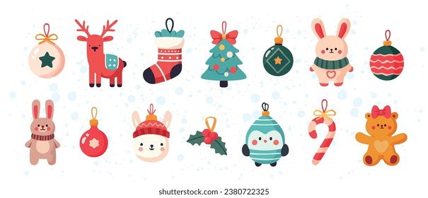 Juguetes y decoración navideños. Decoración en forma de animal y figuras de abeto. Conjunto de adornos de vacaciones. Ilustración vectorial gráfica plana aislada en fondo blanco