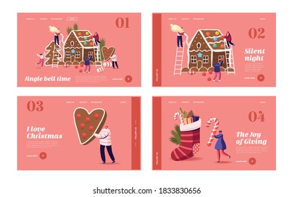 Xmas Holidays Celebration, Cooking Activity, Gifts Landing Page Template Set. Tiny Characters Decorate Huge Christmas Gingerbread House with Cookies and Sweets. Cartoon People Vector Illustration